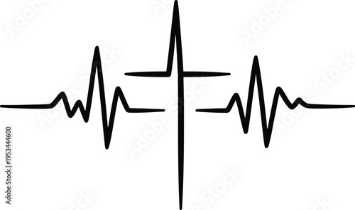 Heartbeat Line with Cross Christian Faith Symbol Minimal ECG Vector Illustration