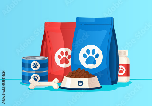 An inviting collection of daily animal care items sits arranged against a bright cyan background, displaying matching paw print logos on two large feed bags, stacked wet food cans, and a brimmed bowl