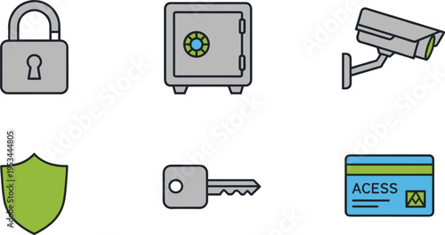 Security and surveillance icon set including lock safe camera shield key access card vector illustration colored isolated protection design collection