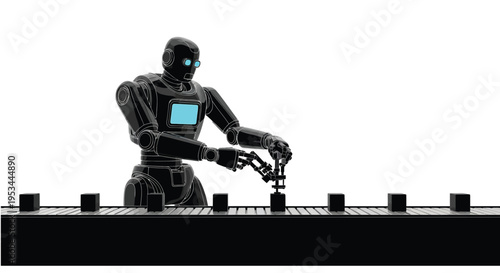 Sleek black android robot performing precise assembly task on an automated manufacturing conveyor belt line