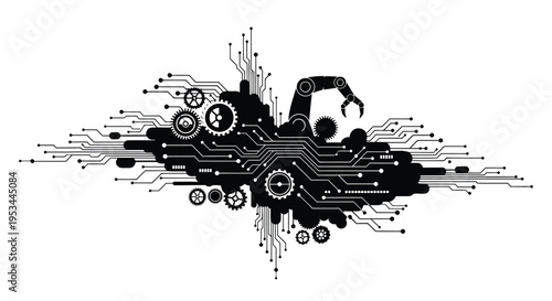 Black and white vector illustration depicting robotic arm emerging from a circuit board design