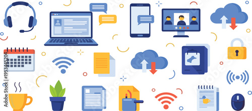 Digital Remote Team Collaboration Icon Set with Cloud Sync Data, High-Speed Wi-Fi Connectivity, Video Conferencing, and Online Business Productivity Vector Illustrations