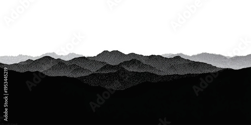 An abstract 3d animation of white snow covered mountain peaks isolated against a black landscape at sunrise as if crafted from nature on paper