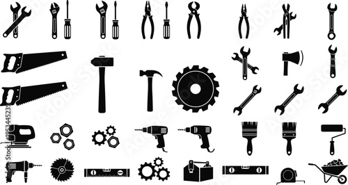 Hand tools and power tools collection, construction equipment icons, workshop toolkit set, mechanic instruments, industrial repair illustration isolated vector design