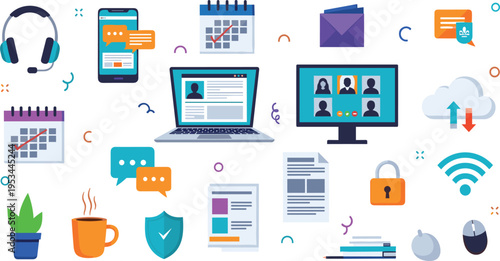 Remote Work and Digital Team Collaboration Icon Set with Video Conferencing Monitor, Business Scheduling Calendars, Cybersecurity Shield, and Online Communication Technology Vector Illustrations