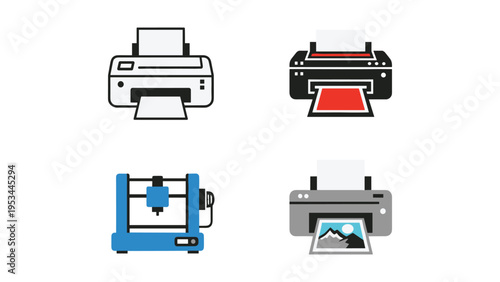 Four different types of modern printing devices displayed in icons