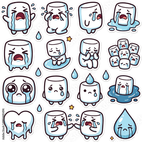 Cute Crying Mascot Vector Sticker. Sad character with big waterfall tears emotion isolated.