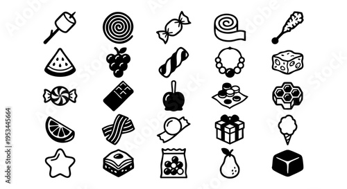 Sweet Treats Vector Collection: 25 Bold Candy Line Icons, Minimalist Confectionery Icon Set: Thick Black & White Sweet Graphics, Whimsical Dessert & Candy Pictograms: 25 Unique Vector Symbols