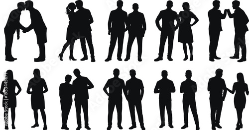 Business people silhouettes set, corporate team and couple interactions collection, professional standing poses, black vector isolated illustration for office design
