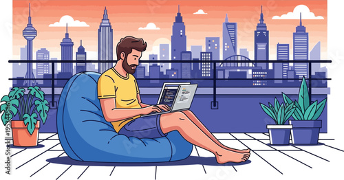 Man sitting on bean bag chair with laptop on rooftop overlooking city skyline at sunset