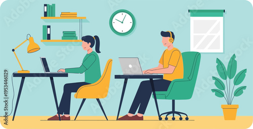 Two colleagues working on laptops at desks in a modern office setting with green walls