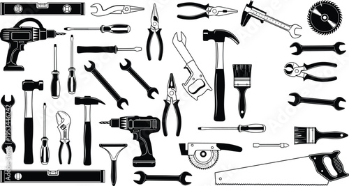 Hand tools collection illustration, construction equipment set, wrench hammer drill icons, repair toolkit silhouette, DIY workshop instruments isolated vector design