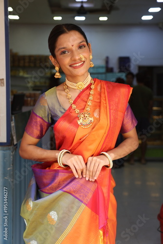 An Indian young woman in a traditional Marathi attire on a Hindu festival. 