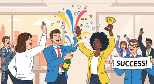 Diverse group of businesspeople celebrating success with champagne and confetti in office
