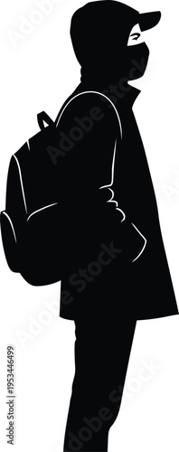 Silhouette of a person wearing a backpack and a cap isolated on white background