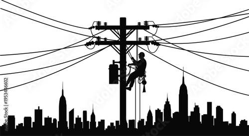 Silhouette of a worker maintaining power lines against a city skyline at dusk