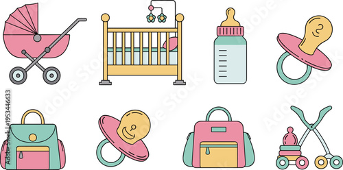 Baby care and nursery items icon set including stroller crib bottle pacifier backpack toys vector illustration colored isolated design collection