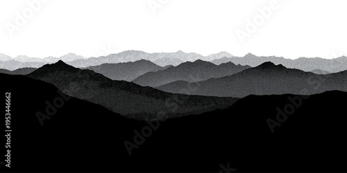 An abstract nature landscape of torn blue paper hills and ripped white clouds creates a misty mountain view during a morning sunrise with fog