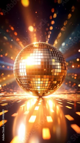 Golden disco ball reflecting light beams on a dance floor at a party