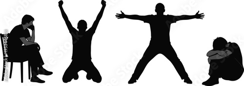 Set of Male Silhouettes Expressing Various Emotions Including Sadness Depression Success Joy and Contemplation Vector Illustration for Mental Health Awareness and Psychological Concept Design.