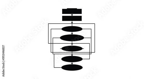 Complex vector graphic illustration depicting a hierarchical process flow diagram with multiple feedback loops and decision points.