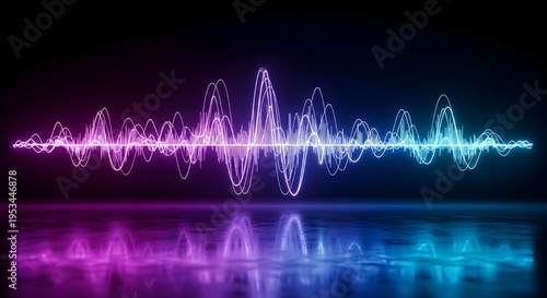Vibrant neon sound wave pulsating across a dark reflective surface, illustrating digital audio spectrum and futuristic technology