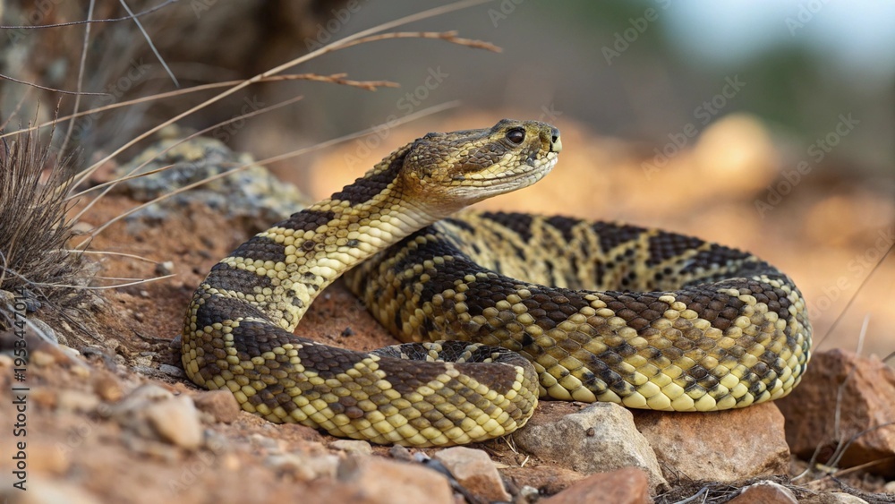 Fototapeta premium Ornate Black-Tailed Rattlesnake (Crotalus ornatus) coiled on a rocky outcrop in its natural desert habitat.