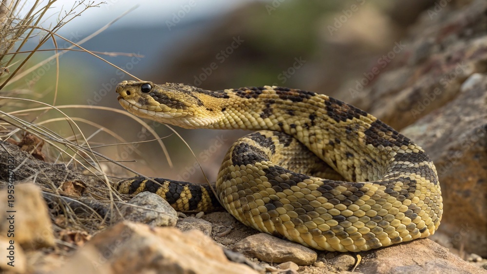 Obraz premium Ornate Black-Tailed Rattlesnake (Crotalus ornatus) coiled on a rocky outcrop in its natural desert habitat.