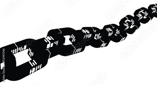 Stylized vector illustration of a heavy duty industrial chain link moving diagonally across a white background