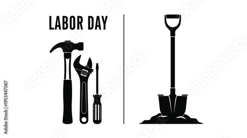 Labor day tools illustration with hammer wrench and shovel silhouette