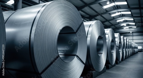 Industrial warehouse filled with rows of large steel coils