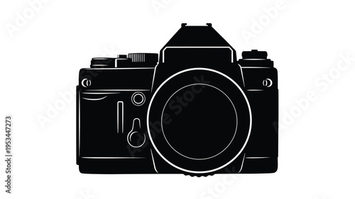 Classic film camera depiction in a striking black silhouette