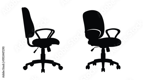 Two office chairs depicted in a stark black silhouette