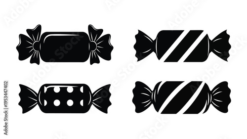 Four black candies with wrappers a striking silhouette