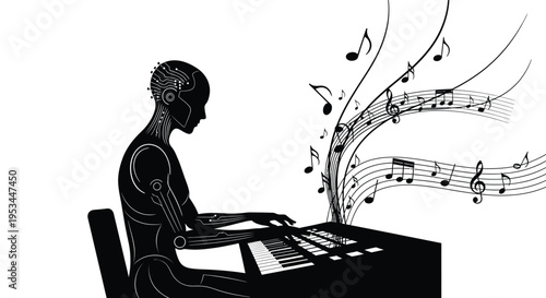 Stylized vector illustration of an android robot composing digital music using a piano keyboard interface