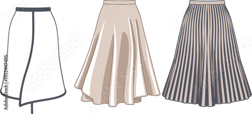 Technical fashion flat sketch collection of women's skirts featuring wrap, flared, and pleated styles, apparel vector template for design mockups on white background.