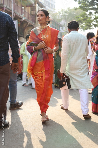 An Indian young woman in a traditional Marathi attire on a Hindu festival. 