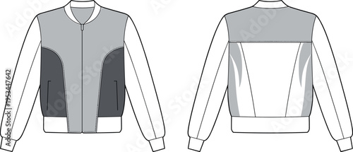 Technical fashion flat sketch of a colorblock bomber jacket with zip closure and ribbed details, modern streetwear vector illustration for apparel tech pack design.