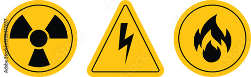 A collection of universal hazard warning icons isolated on a white background. Includes symbols for radiation, high voltage electrical shock, and flammable/fire danger. 