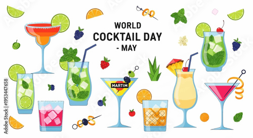 Colorful cocktails with fruits and garnishes celebrating world cocktail day in may