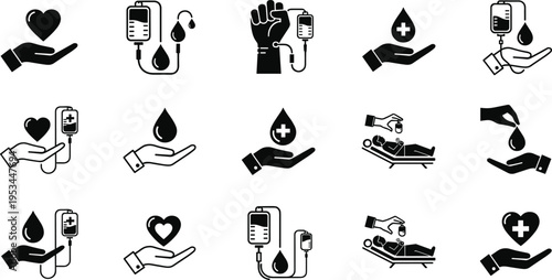 Blood Donation Icon Set Featuring IV Bags Droplets Heart in Hand and Patient Treatment Silhouettes for Healthcare Medical Charity and Humanitarian Aid Concept Design.