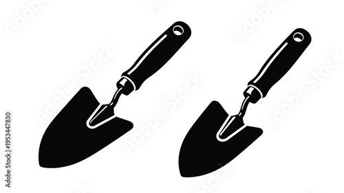 Two gardening trowels displayed against a white background silhouette