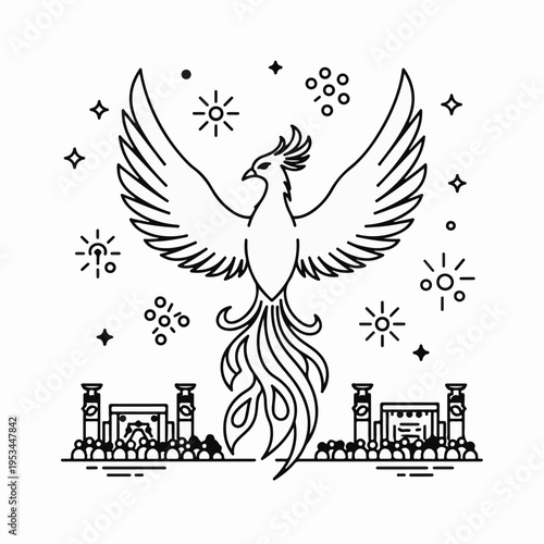 Majestic Phoenix Bird Rising with Outstretched Wings Vector Illustration, Surrounded by Sparkling Stars and a Crowd in a Stadium, Mythical Rebirth Symbol in Line Art Style
