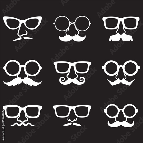 Funny Disguise Mask Icon Set - Silhouette of Glasses with Nose and Mustache