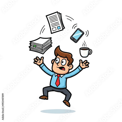 Stressed Businessman Juggling Office Work, Coffee, and Phone in a Chaotic Rush
