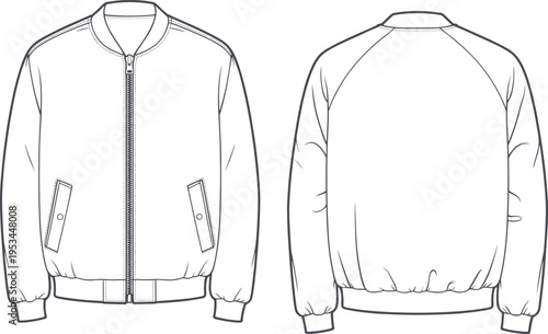 Technical fashion flat sketch of a raglan sleeve bomber jacket with zip front and welt pockets, minimalist outerwear vector illustration for apparel tech packs.