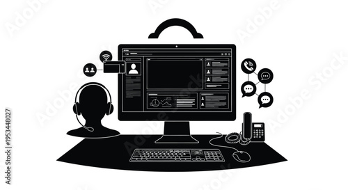 Clean vector graphic depicting a remote customer support workstation with a headset and computer interface