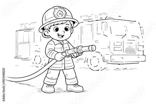 Young boy firefighter character in uniform and helmet, smiling and holding a hose nozzle beside a fire truck; cute black-and-white line art for kids' coloring and learning