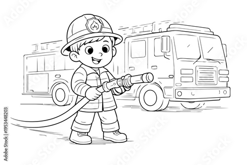 Young boy dressed as a firefighter holding a hose nozzle, standing proudly in front of a fire engine, symbolizing childhood dreams and a future career in safety services