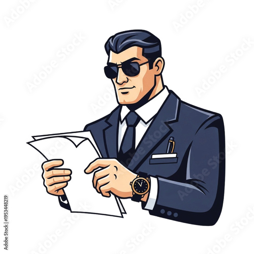 Sharp-dressed professional agent in sunglasses intently reviewing important documents, symbolizing meticulous attention to detail and confidential business operations